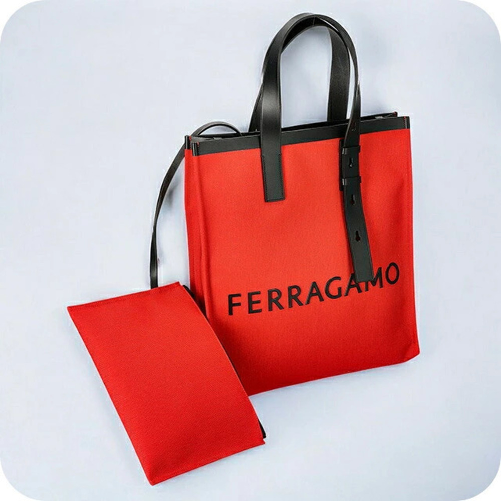 Salvatore Ferragamo Logo Jacquard Canvas Leather Shoulder Tote Red Black